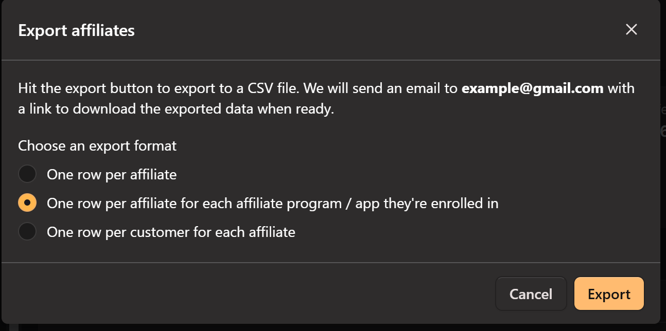 Mantle Export affiliates dialog with the second export format option selected