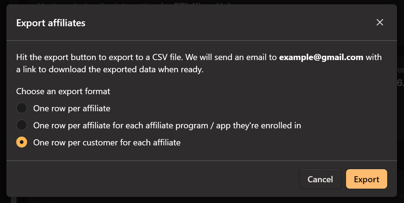 Mantle Export affiliates dialog with the third export format option selected