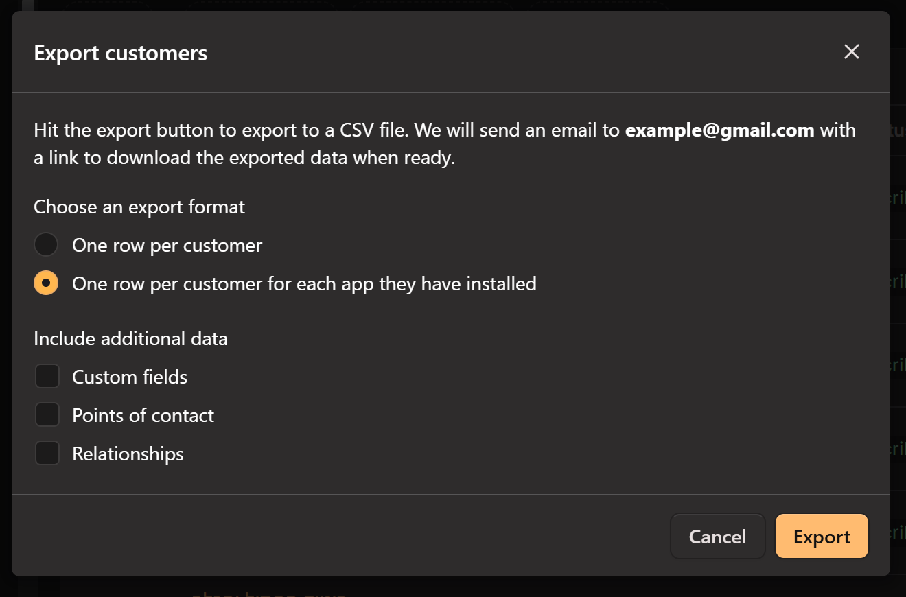 Mantle Export customers dialog with the second export format option selected