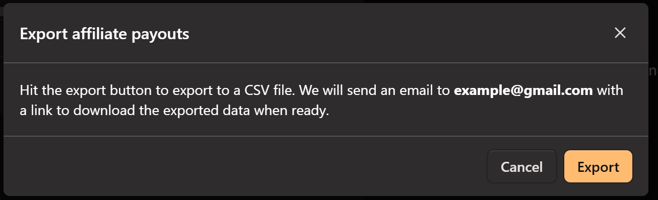 Mantle Export affiliate payouts dialog
