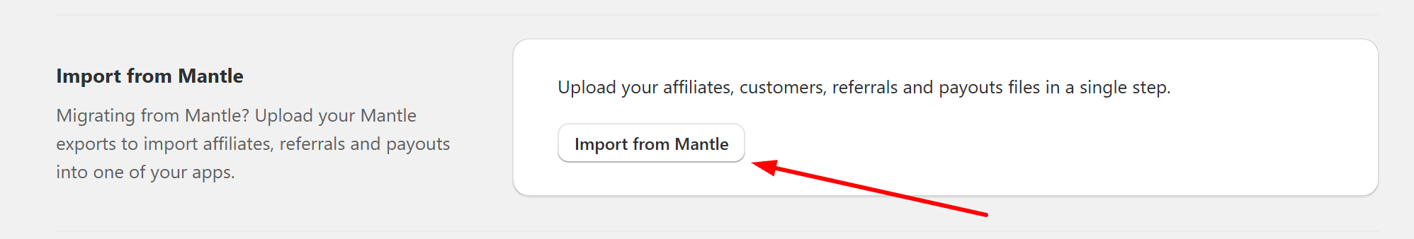 Shoffi Settings page showing the Import from Mantle section